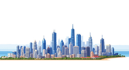 Fototapeta premium Panoramic view of a modern city skyline with tall skyscrapers and buildings against a clear blue sky and water, with lush greenery in the foreground.