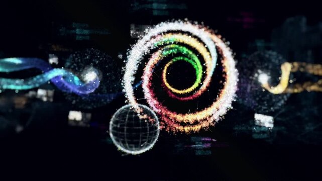 3D render of glowing particle rings and flowing waves forming an abstract digital data network. Futuristic technology background with sparkling points and wireframe sphere.