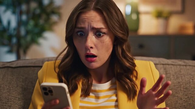 Astonished young woman reacting with shock and disbelief to shocking news on her mobile phone video clip
