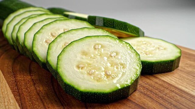 Fresh Green Zucchini Sliced Into Rounds on Wooden Board