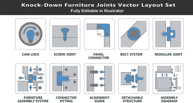 Detachable joinery vector icons set, top view modular furniture assembly symbols, cam lock, bolts, connectors, alignment guides, CAD design