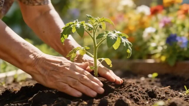 Placing woman gardener in patterned blouse planting tomato seedling in garden bed, stabilizing stem