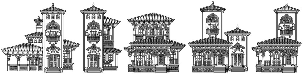 Fototapeta premium Set of separate mediterranean luxury villas in black outline style. Vector line art collection of houses with terracotta roofs, ornate balconies and detailed facades