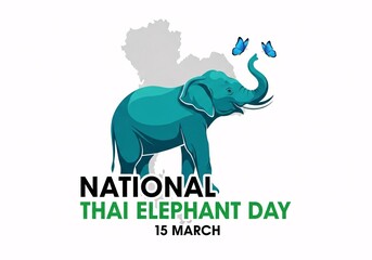 Obraz premium National thai elephant day poster with teal elephant and butterflies on white background