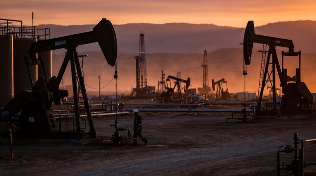 Oil field worker walking near pump jacks and drilling rigs during sunset golden hour