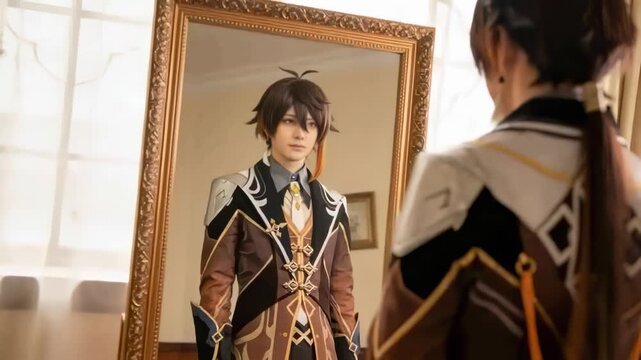 Adjusting cosplayer smoothing, fastening brown black jacket facing mirror in softly lit room