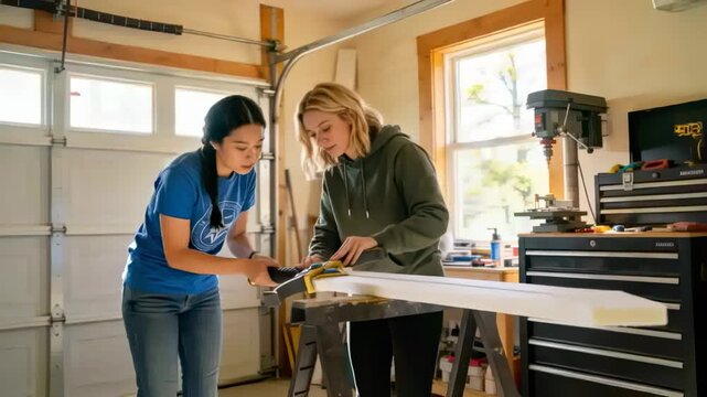 Cutting women blue shirt, green hoodie guiding saw starting on sawhorses in garage trimming molding