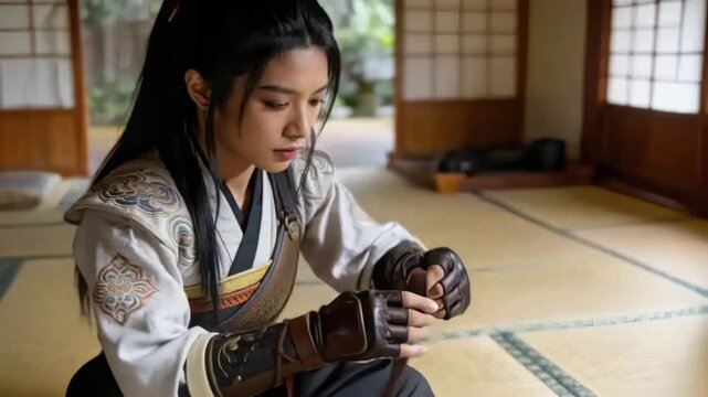 Leaning Asian trainee in kimono fitting leather gloves and bracers on tatami preparing for training