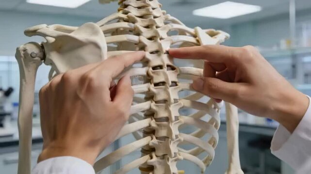 Entering hands in lab coat sleeves tracing thoracic spine on skeleton torso in lab teaching anatomy