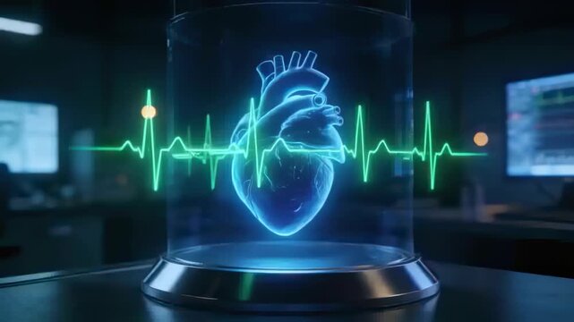 Reacting to ECG spike, holographic heart pulsing inside medical lab cylinder, indicating heartbeat