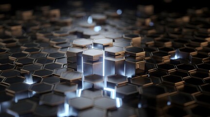 Fototapeta premium Abstract representation of cryptographic hashing with cascading hexagonal patterns and blue gold light