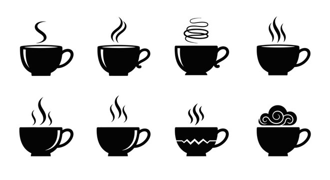 Abstract coffee cup icons featuring diverse steam effects and stylized mugs for coffee shop logos or unique beverage menu illustrations isolated on white space