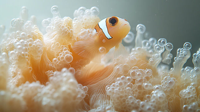 Time-lapse sequence of Clownfish eggs hatching, digitally simulated with professional studio lighting, showcasing the emergence of the larvae in sharp detail against a white background 