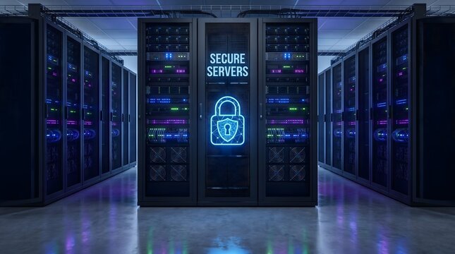 Secure server room with glowing blue padlock icon symbolizing data protection and cybersecurity in a modern data center environment for digital safety and network infrastructure