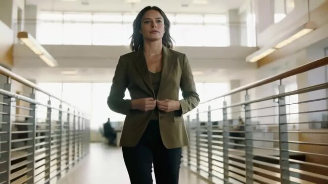 Walking businesswoman fastening olive blazer button on office mezzanine, heading to meeting