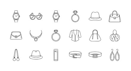 Obraz premium Fashion Accessories Icon Set: Jewelry, Bags, Hats, Watches, Sunglasses