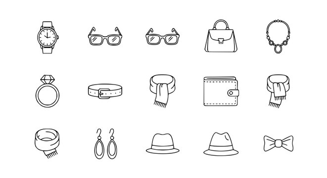 Fashion Accessories Icons: Watch, Glasses, Bag, Jewelry, Belt, Scarf, Hat