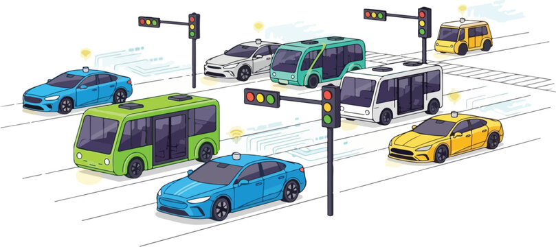 Vehicles stop at traffic lights on a city street corner with cars and buses