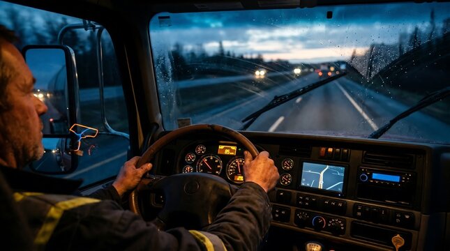 Professional Trucker Driving Semi Truck at Night on Rainy Highway Interior View