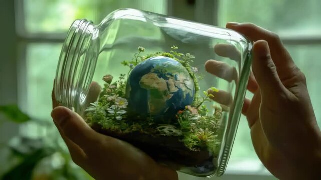 Bringing person's hands holding glass jar near window, tilting to reveal painted globe to inspect