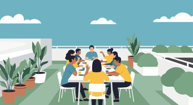 Friends dining on rooftop patio with plants and ocean view