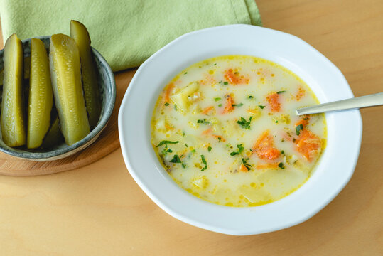 Cucumber soup - traditional Polish soup with pickled cucumbers