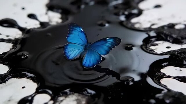 Responding to ripples, blue butterfly spreading wings, aligning on white surface with black liquid