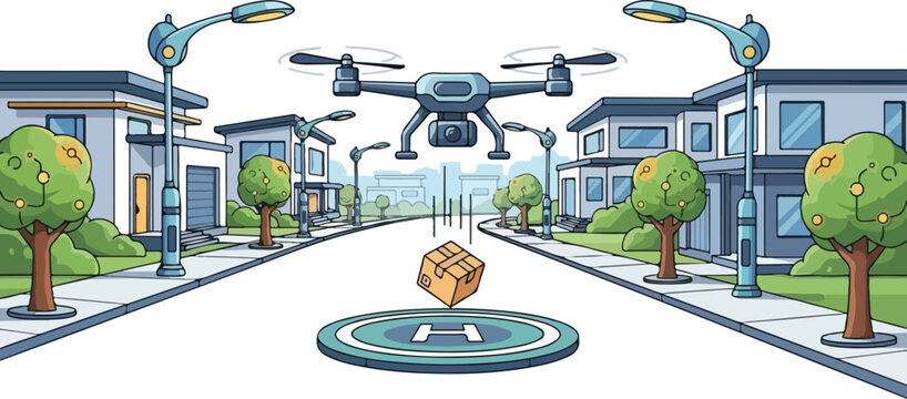 Drone hovers above a package delivery on a suburban street with trees and houses.