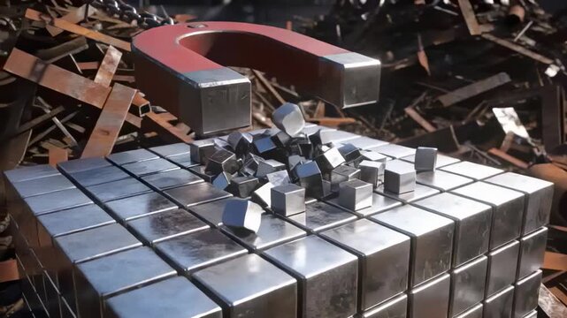 Lowering red U-shaped lifting magnet over scrapyard cube array, lifting loose metal cubes upward