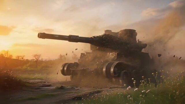 Damaged battle tank moving on dirt road at sunset, engine revving, shedding track links and armor