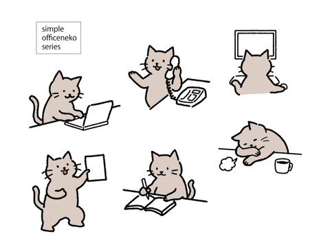 シンプルオフィス猫：ビジネス・仕事の動作6種セット　手書き