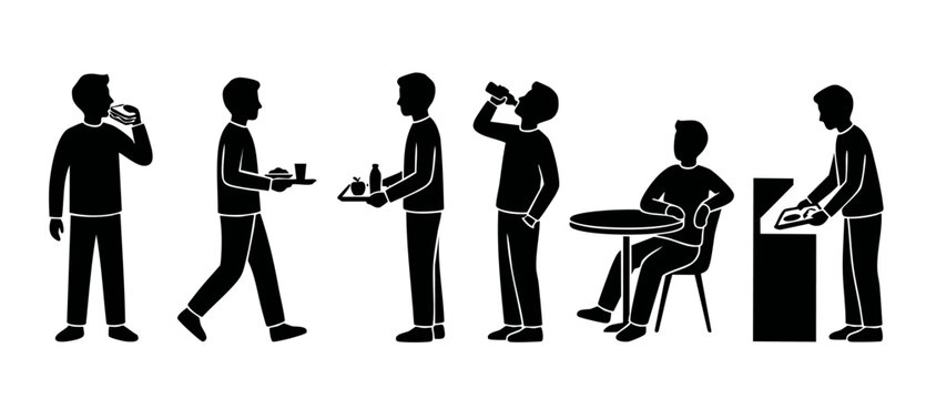 People eating lunch icon set, silhouettes of men having food and drinks in cafeteria or canteen, vector collection of restaurant activities for business, school, or office dining canteen concept desig