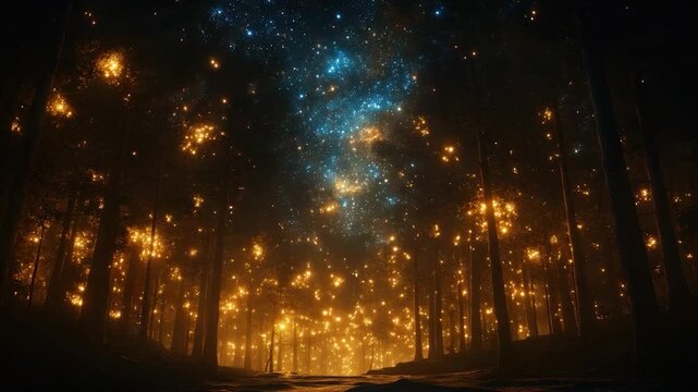 A mystical forest scene with glowing lights interspersed with tree trunks under a starlit sky