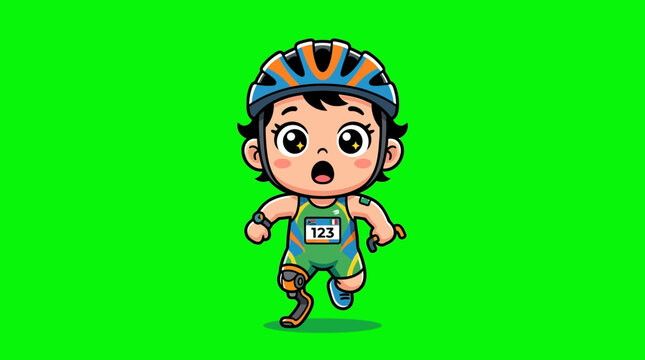 Cartoon Cyclist Running with Helmet and Numbered Bib on Green Background.