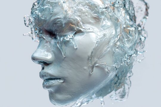 Abstract human face covered with transparent water splash, artistic concept of fluidity, motion and transformation in creative digital artwork.