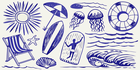 hand drawn beach elements including sun surfboard jellyfish and waves high quality professional detailed modern © Lalin