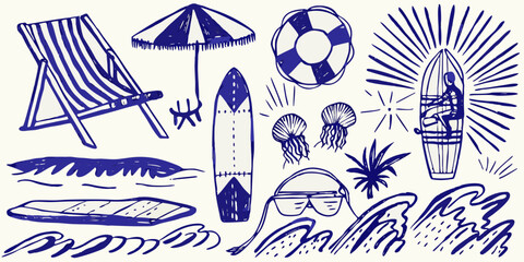 hand drawn beach elements collection in blue ink on white background high quality professional detailed © Lalin