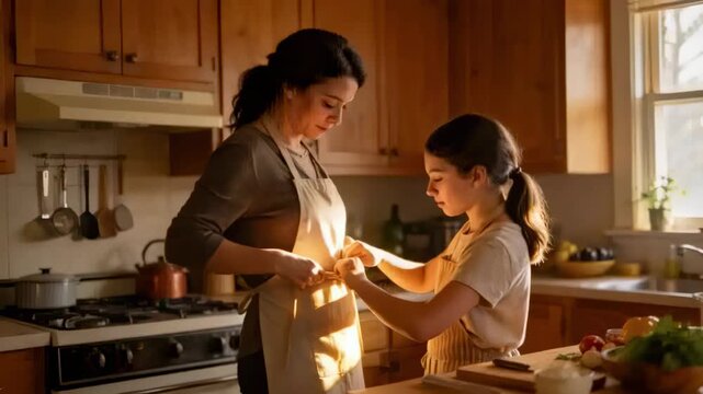 Reaching daughter tying light apron at home kitchen, mother guiding hands with vegetables to cook