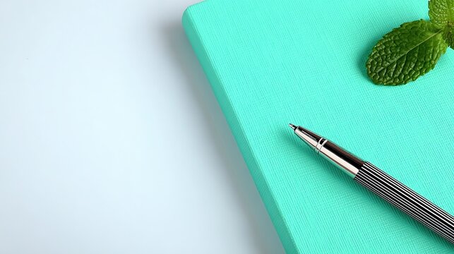 Mint green notebook and pen on white background with copy space on right side for web banner ad. High contrast minimalist design with clean lines and close up view.