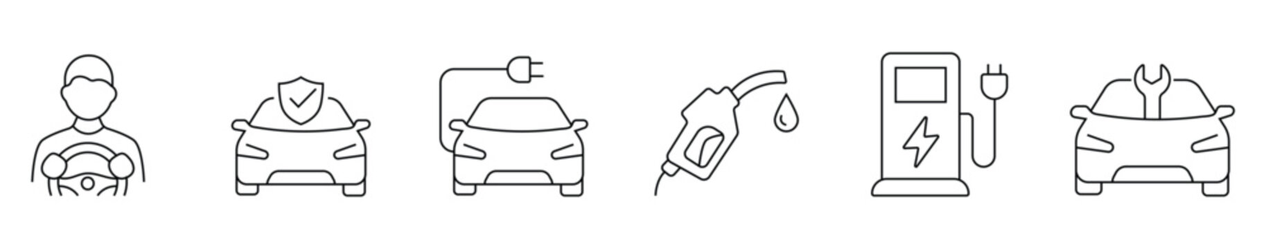 Car service and electric vehicle line icon set featuring driver, insurance, EV charging, fuel pump, charging station and car repair. editable stroke vector set. professional icons.