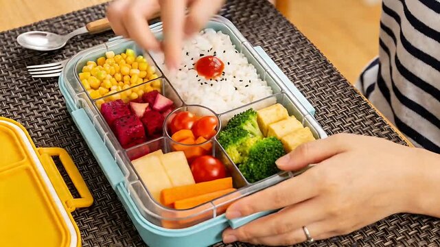 With lid open, woman in striped shirt arranging tomatoes on rice at home, preparing bento