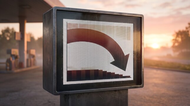 Gas Station Digital Display Showing Falling Fuel Price Chart at Sunset