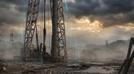 Naklejka premium Industrial Oil Drilling Rig in Foggy Desert Landscape Under Stormy Sky with Digital Energy Glow