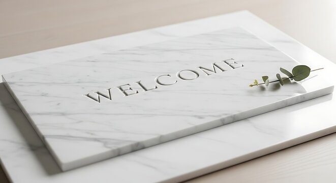 Handcrafted Welcome Mat with Fresh Eucalyptus and Olive Sprigs on Marble Countertop