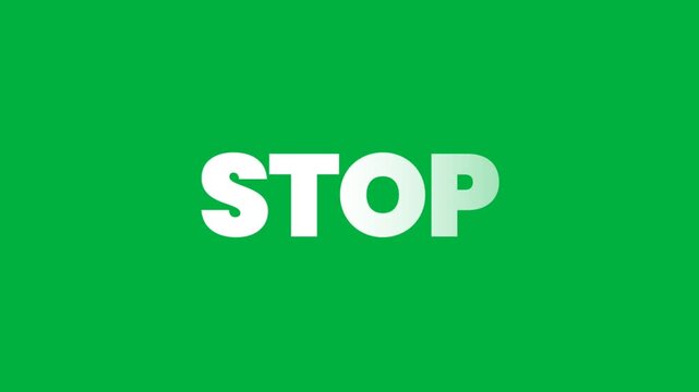Text animation STOP on a vibrant green background in a clean, perfect for conveying urgent commands, safety warnings, or a definitive end to a sequence
