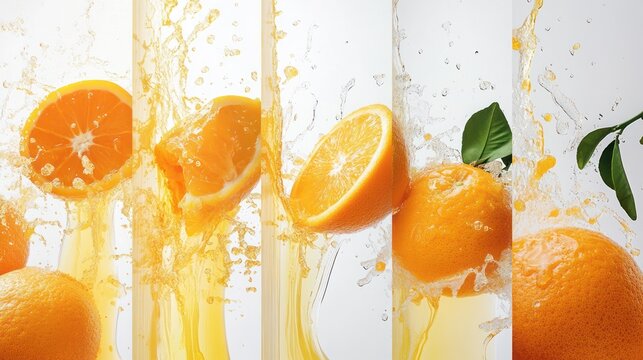 Orange slices exploding in juice splashes