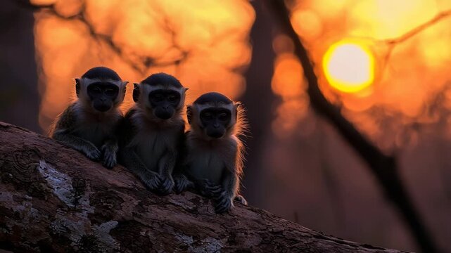 three langur monkeys in ishikesh forest india at sunset video
