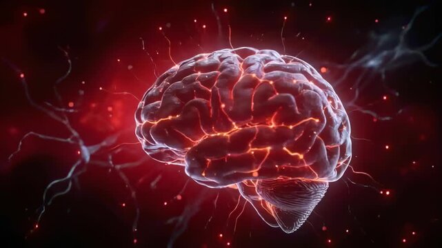 Panning camera revealing 3D brain in dark lab space while red currents pulsing, showing cerebellum