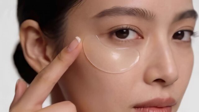 Adjusting model using index French-tip finger, smoothing gel eye patch in studio for adhesion