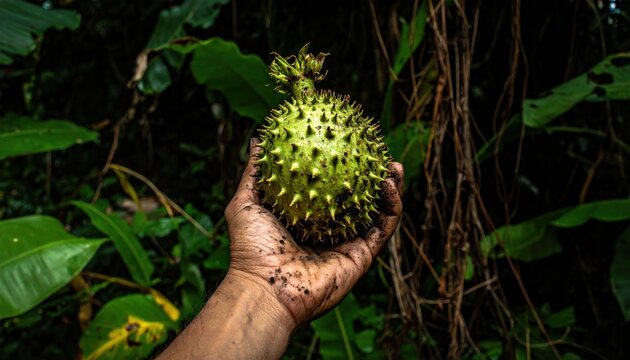 A dirty hand holding a spiky green Datura stramonium seed pod in a lush natural forest environment, highlighting the raw and wild appearance of this dangerous poisonous plant species.